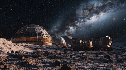 Obraz premium Futuristic Lunar Colony with Rover on the Moon Under Starry Sky