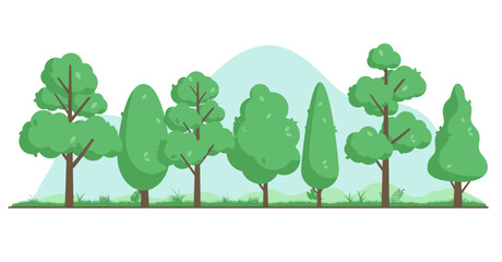 Vector tree background graphic - Set of various simple cute cartoon 2d trees in flat design standing in straight line with grass. Vector illustration on white background