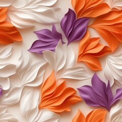 Colorful seamless pattern featuring intricate floral designs in shades of orange, purple, and white