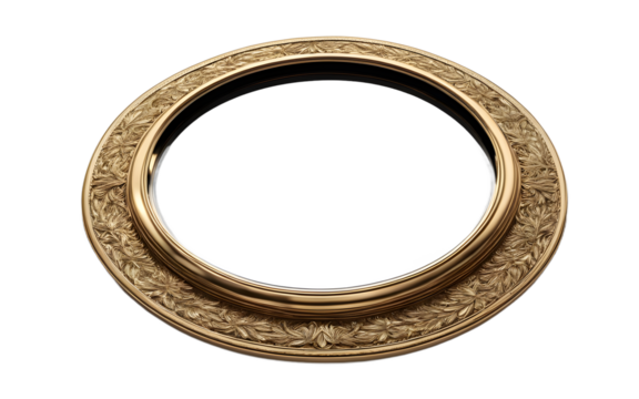 A contemporary round mirror with a thin gold frame on a empty plain background