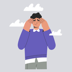 Sad, tired man under clouds, anxious person has headache in bad mood covers his face with hands. Psychological disorder, mental health problem concept. Burnout and depression, flat vector illustration
