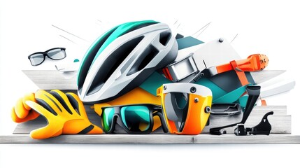 Naklejka premium A detailed still-life composition of cycling gear, including a high-performance helmet, sports sunglasses, gloves, and a multi-tool, arranged on a rustic wooden workbench.