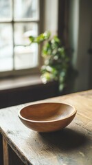 Simple Wooden Bowl on Rustic Table with Natural Light from Window
