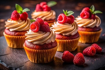 Delicious Raspberry Cupcakes - Low Light Moody Food Photography