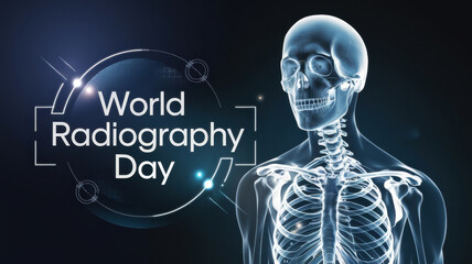 Photo dedicated to the World Radiography Day on a dark background. The design is made in a modern clinical style, with an X-ray image of the skeletal structure. The World Radiography Day test.