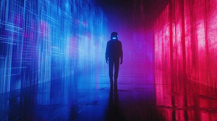 A futuristic cyberpunk cityscape drenched in neon blues, purples, and reds. Rain-soaked streets reflect glowing billboards