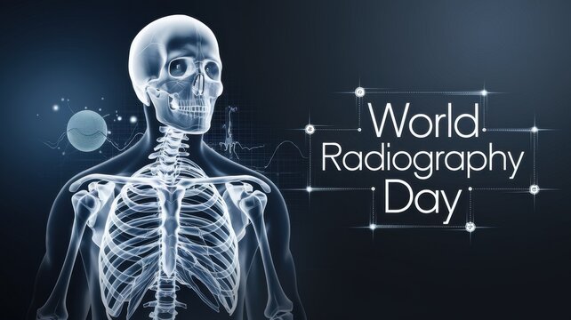 Photo dedicated to the World Radiography Day on a dark background. The design is made in a modern clinical style, with an X-ray image of the skeletal structure. The World Radiography Day test.