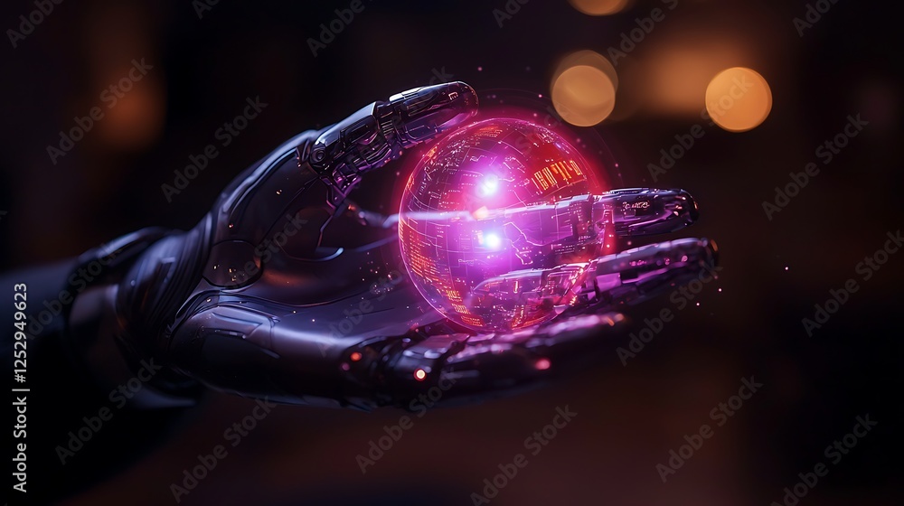 Poster robotic hand holds glowing futuristic globe in a technological setting