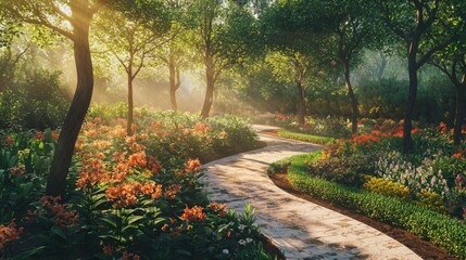 Serene Garden Pathway Surrounded by Vibrant Blossoms and Trees