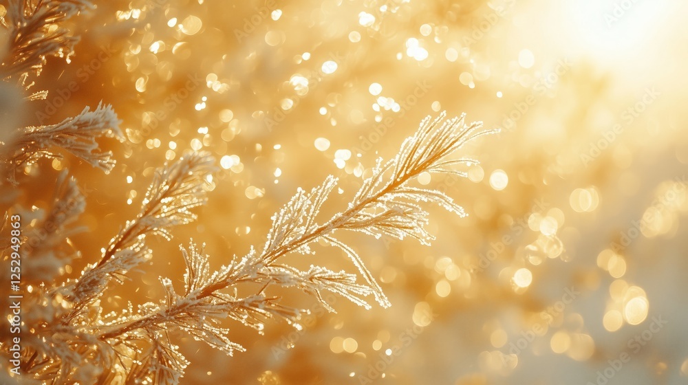 Poster frosty branches with golden light and sparkling background effect
