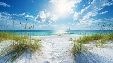 Serene Beach Scene with White Sand and Blue Sky at Midday