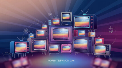 Background design for World Television Day. Classic and modern TVs of various sizes are presented in the form of an elegant collage. The text is "World Television Day".