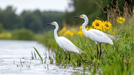 Obraz premium Snowy egrets by canal, sunflowers background, wildlife nature scene