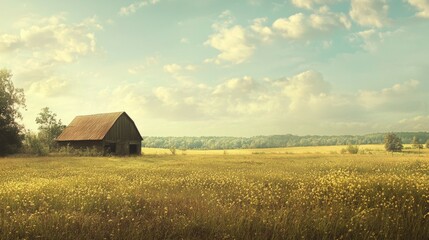 Serene Countryside Landscape with Barn Under Blue Sky and Clouds