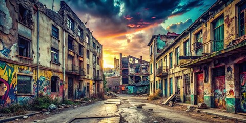 Naklejka premium Derelict Cityscape: Political District Decay - Abandoned Urban Exploration Photography