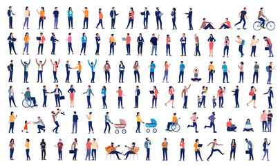 Vector people mega collection - Big bundle set of many various casual people and businesspeople characters working, walking, using devices and leisure activities. Flat design style on white background