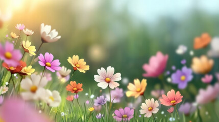 Obraz premium vibrant wildflower meadow full bloom, featuring colorful blossoms shades of pink, yellow, orange, and white. soft sunlight enhances dreamy atmosphere, with blurred green background adding depth