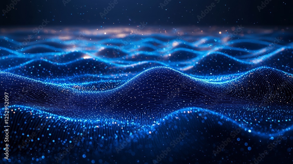 Poster abstract waves of blue particles sparkling in dark background