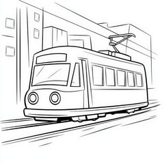 Train and trolley illustration coloring page featuring black and white city street and tracks