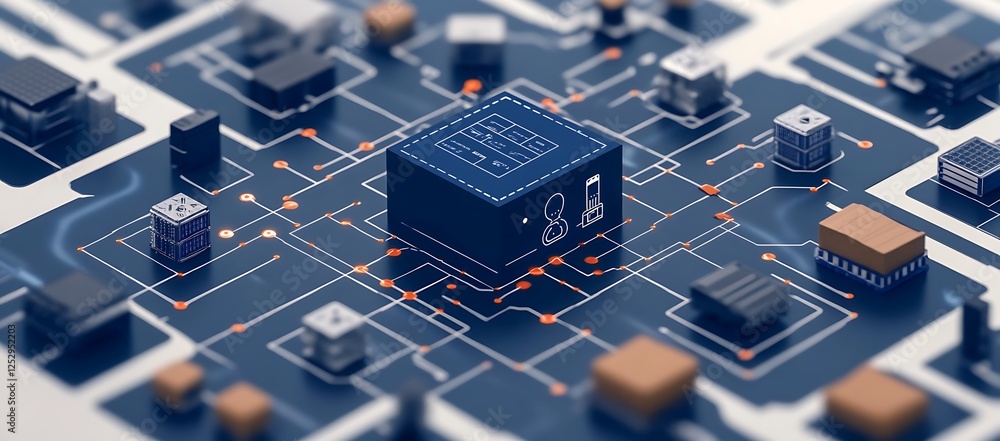 Poster detailed electronic circuit board with central processor component highlighted