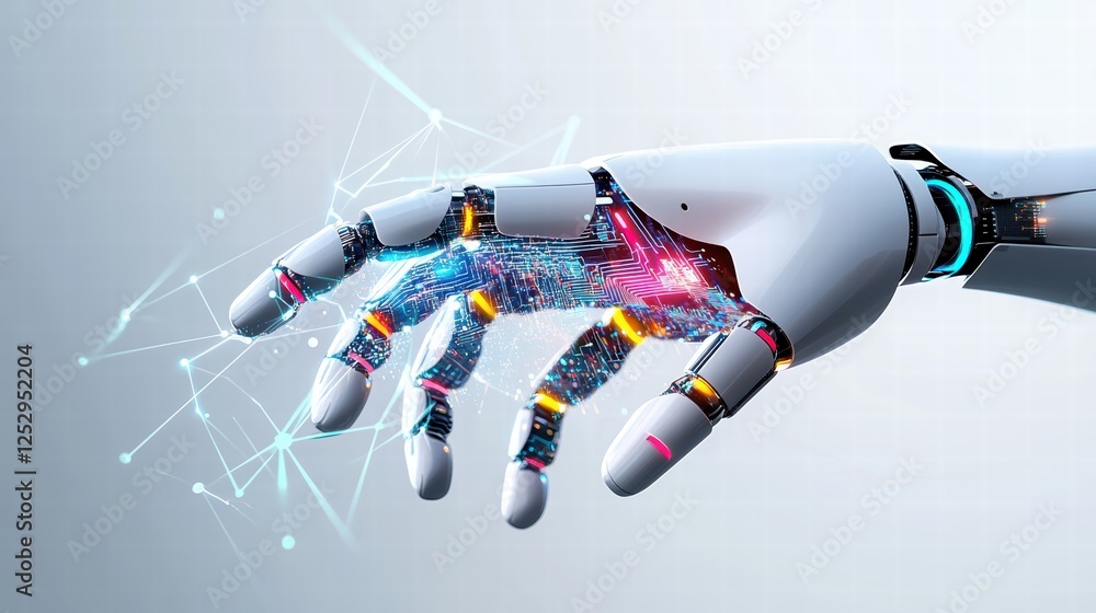 Poster a futuristic ai-powered robotic arm working on an electronic circuit board, demonstrating precision 