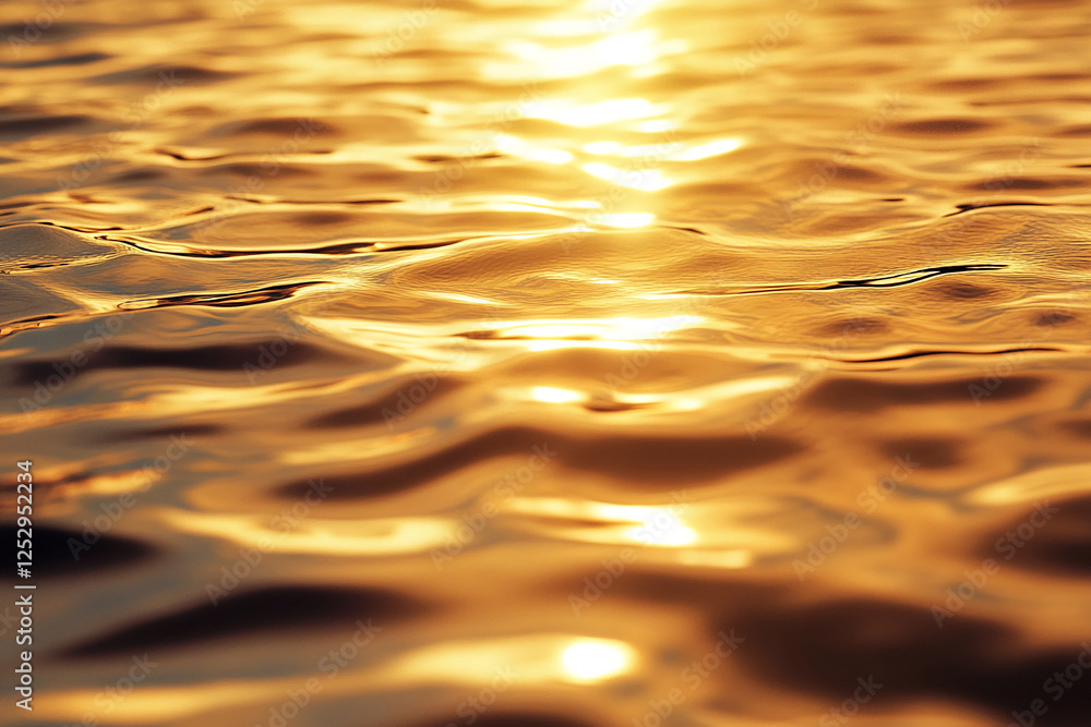 Poster close-up of water ripples reflecting golden sunlight, creating a smooth, shimmering surface. this im
