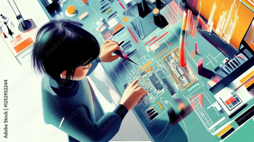 Poster a futuristic ai-powered robotic arm working on an electronic circuit board, demonstrating precision 