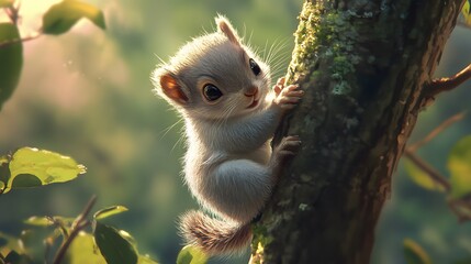 Fototapeta premium Cute Squirrel Climbing Tree in Lush Natural Environment