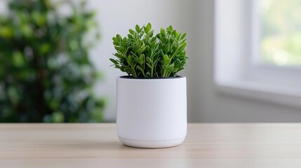 Fototapeta premium Small potted plant on light wooden table