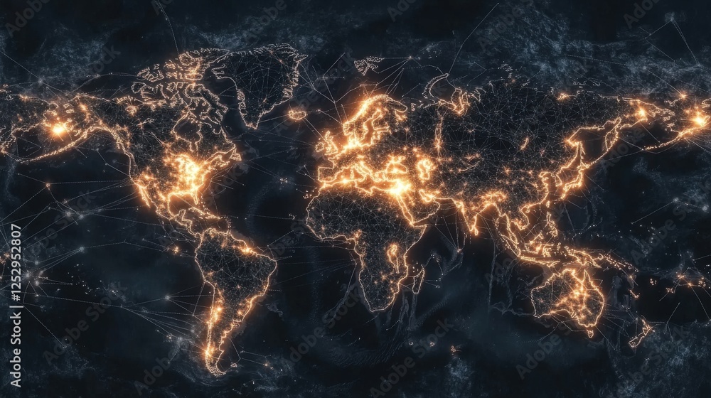 Poster global network illuminated world map showing connections