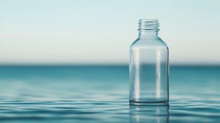Clear Glass Bottle on Calm Water Surface with Soft Blue Background