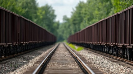 Obraz premium Industrial railway freight cars lined up in forest. Empty freight cars on railway tracks
