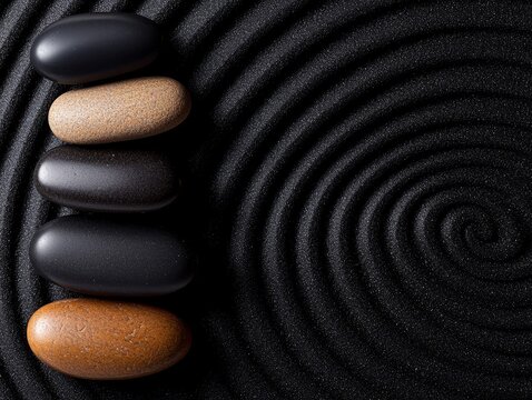 Balanced stones in tranquil sand patterns.