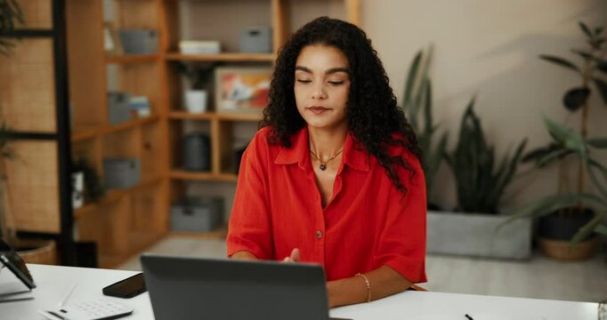 Start, laptop and freelancer with woman in home office for visual effects artist, animation render and editing software. Planning, character design and remote work with person and client brief