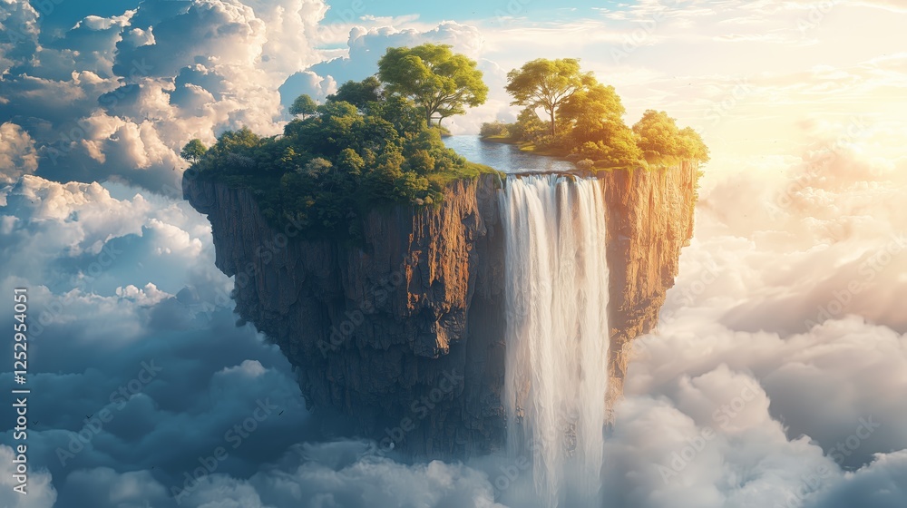 Poster surreal floating island with waterfall and lush greenery in clouds