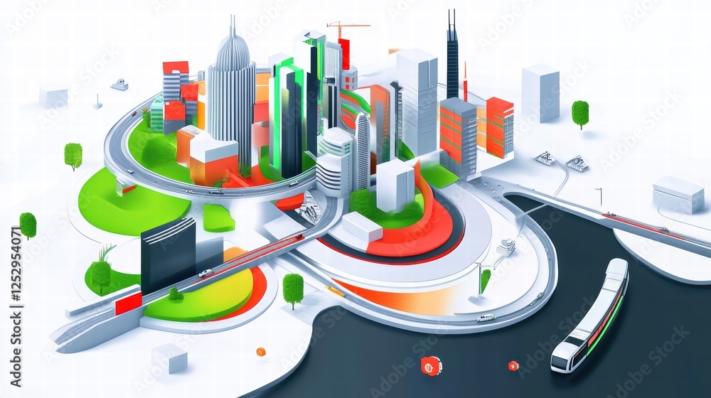 Poster a futuristic smart city map with interconnected ai-driven transportation systems and urban developme