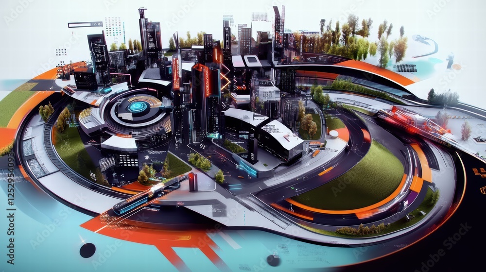 Poster a futuristic smart city map with interconnected ai-driven transportation systems and urban developme