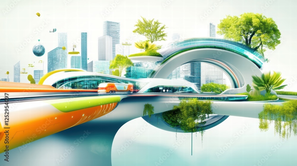 Poster a futuristic smart city map with interconnected ai-driven transportation systems and urban developme