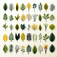 Collection of Flat Green Leaves Illustrated on a White Background