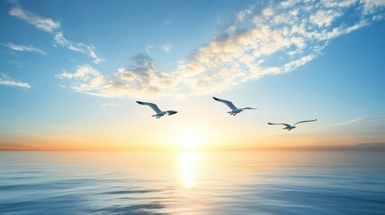 Fototapeta premium Seagulls Fly in Sunset Sky Over Calm Ocean Water, Beautiful Evening Scene, Peaceful Nature, Tranquil Horizon with Soft Clouds