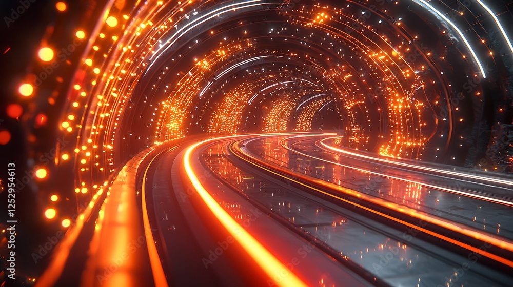 Wall mural ' glowing lines form tunnel of motion for travel and technology background.