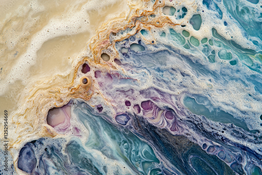 Poster Abstract close-up of multicolored soap bubbles with swirls of purple, blue, and beige, creating a dynamic and fluid visual pattern that represents fluidity and artistic expression.
