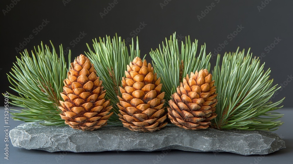Poster pine cones and fresh green needles arranged on a textured gray stone creating a balanced composition