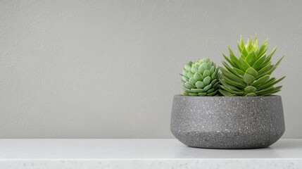 Succulents in gray pot on white countertop