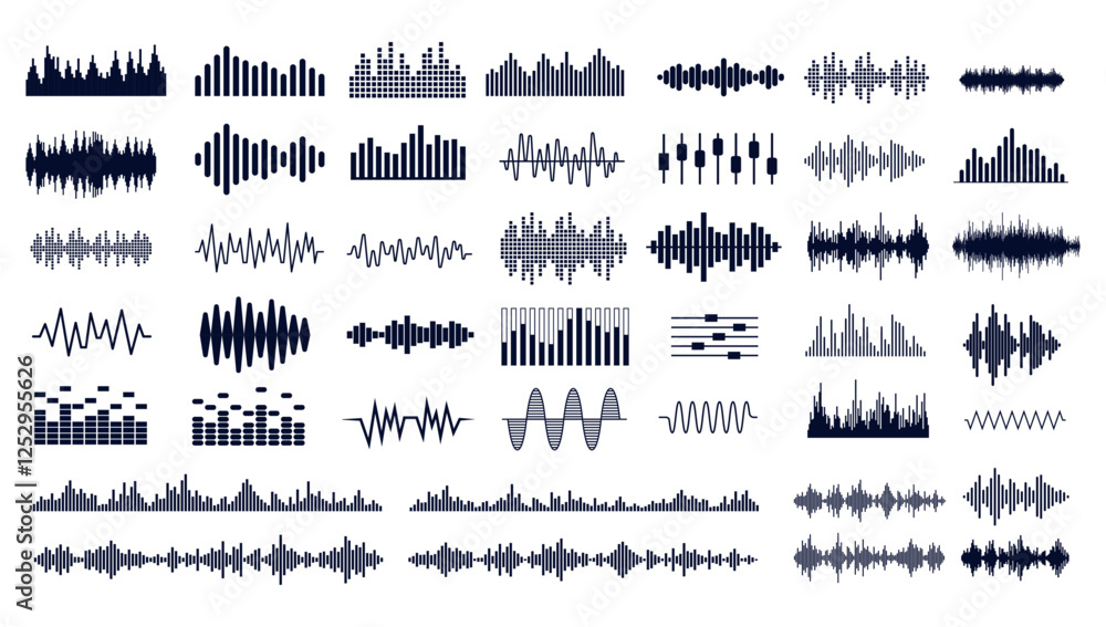 Fototapete black sound waves on white background - music wave frequency or equaliser audio lines and digital vo