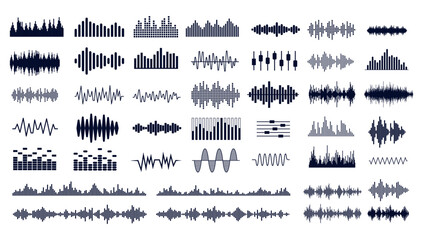 Black sound waves on white background - Music wave frequency or equaliser audio lines and digital voice volume visualisation vector set isolated illustrations