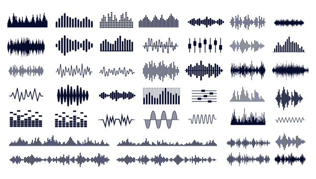 Black sound waves on white background - Music wave frequency or equaliser audio lines and digital voice volume visualisation vector set isolated illustrations