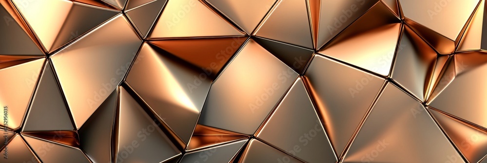 Poster abstract geometric background, gold metallic surface with triangles and sharp edges, 3d render.