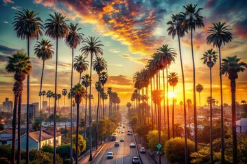 Double Exposure: Palm Trees & Beverly Hills Skyline, Los Angeles, California