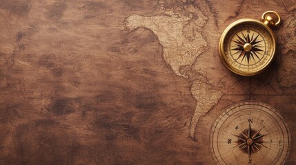 Vintage compass on an antique world map background